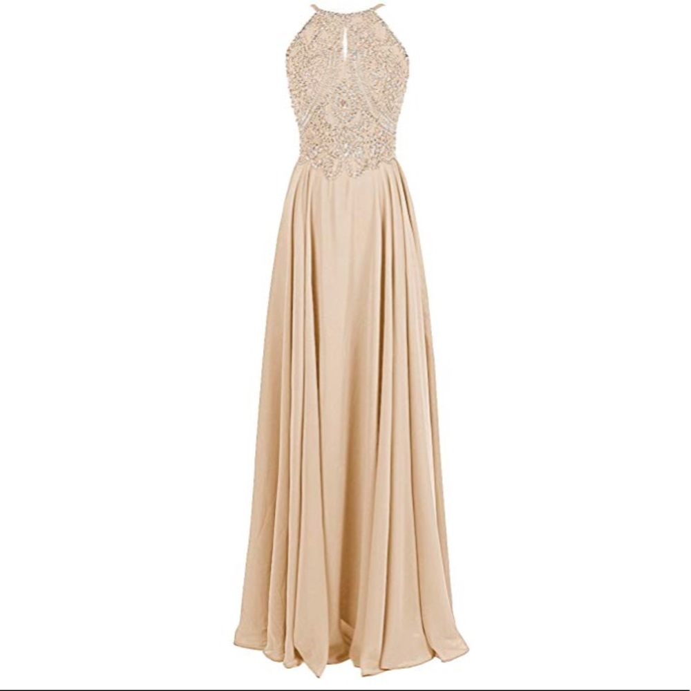 Champagne A-line gown with jewels ✨